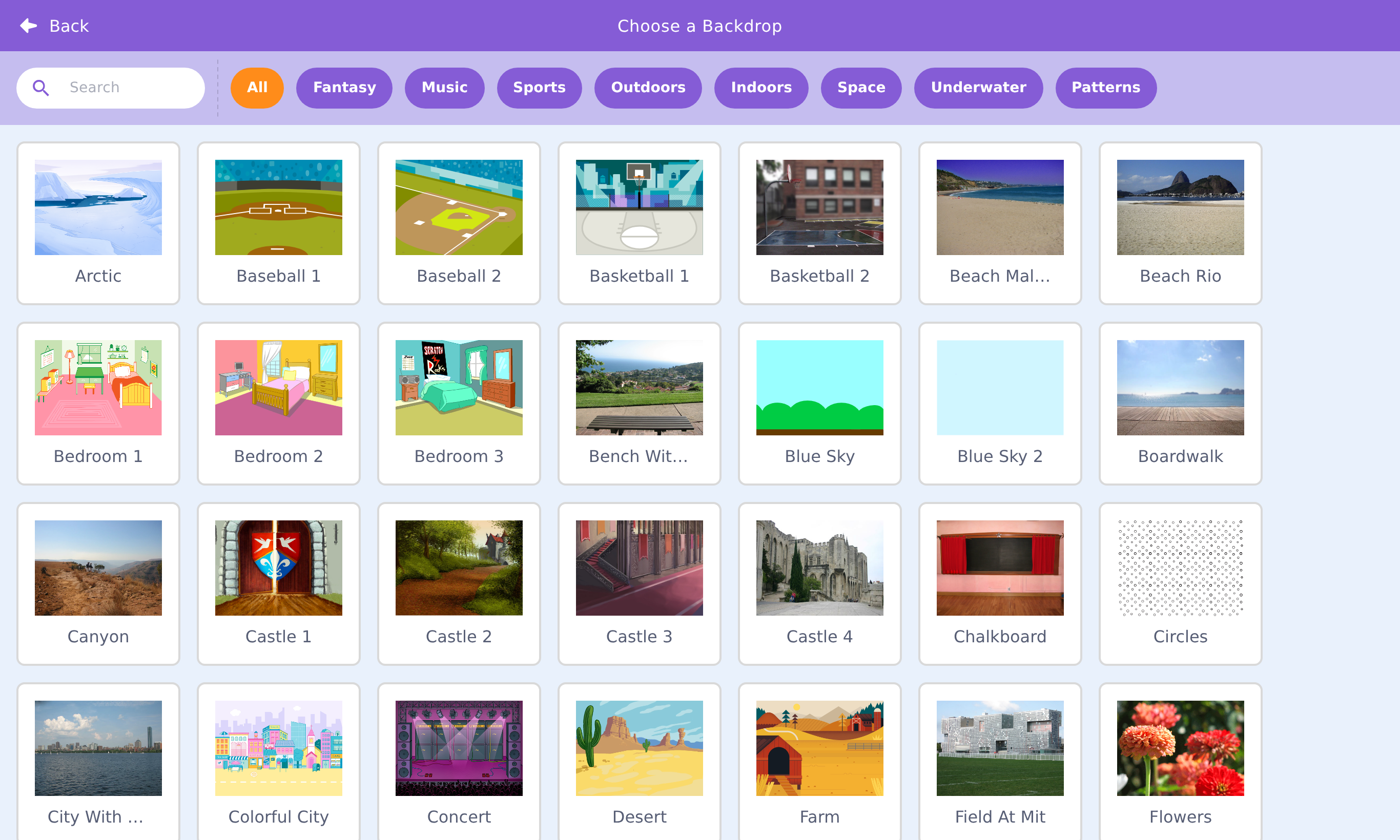 The Choose a Backdrop library, a grid of background scenes with category filters.