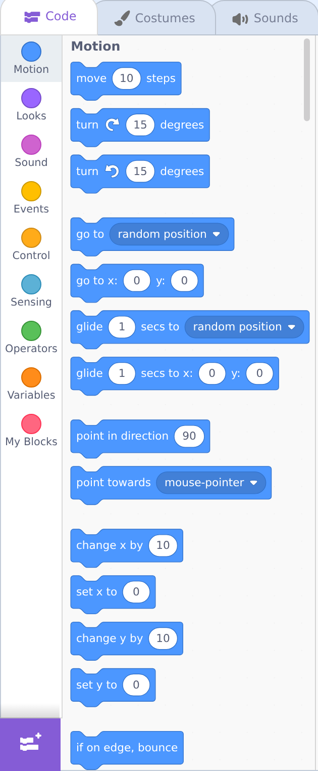 Close-up of the Scratch blocks palette. A left column lists categories: Motion, Looks, Sound, Events, Control, Sensing, Operators, Variables, My Blocks — each with a colored dot. To the right are blue Motion blocks like 'move 10 steps' and 'turn 15 degrees'.