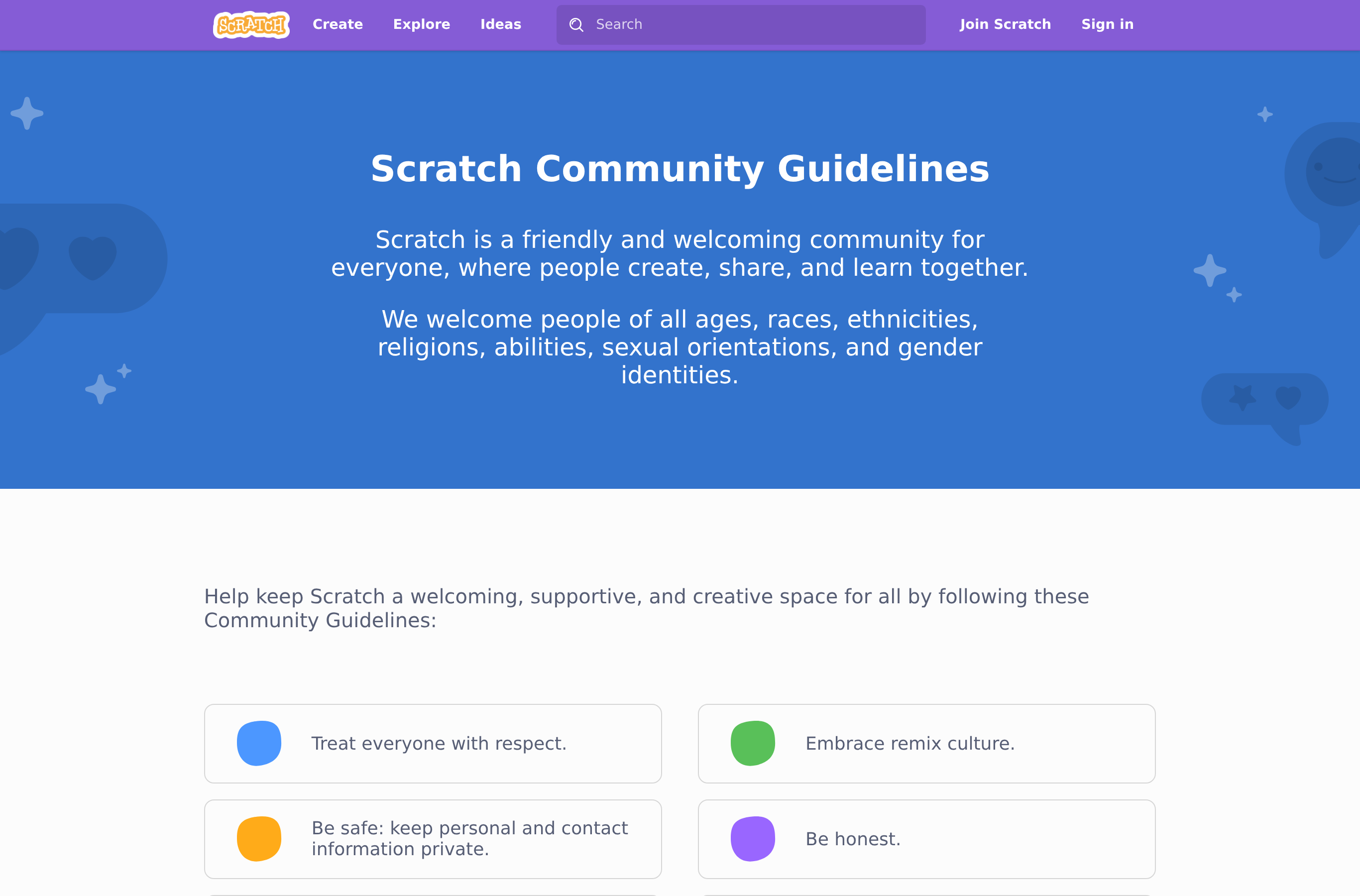 The Scratch Community Guidelines page, listing expectations like being respectful, being constructive, and keeping personal info private.