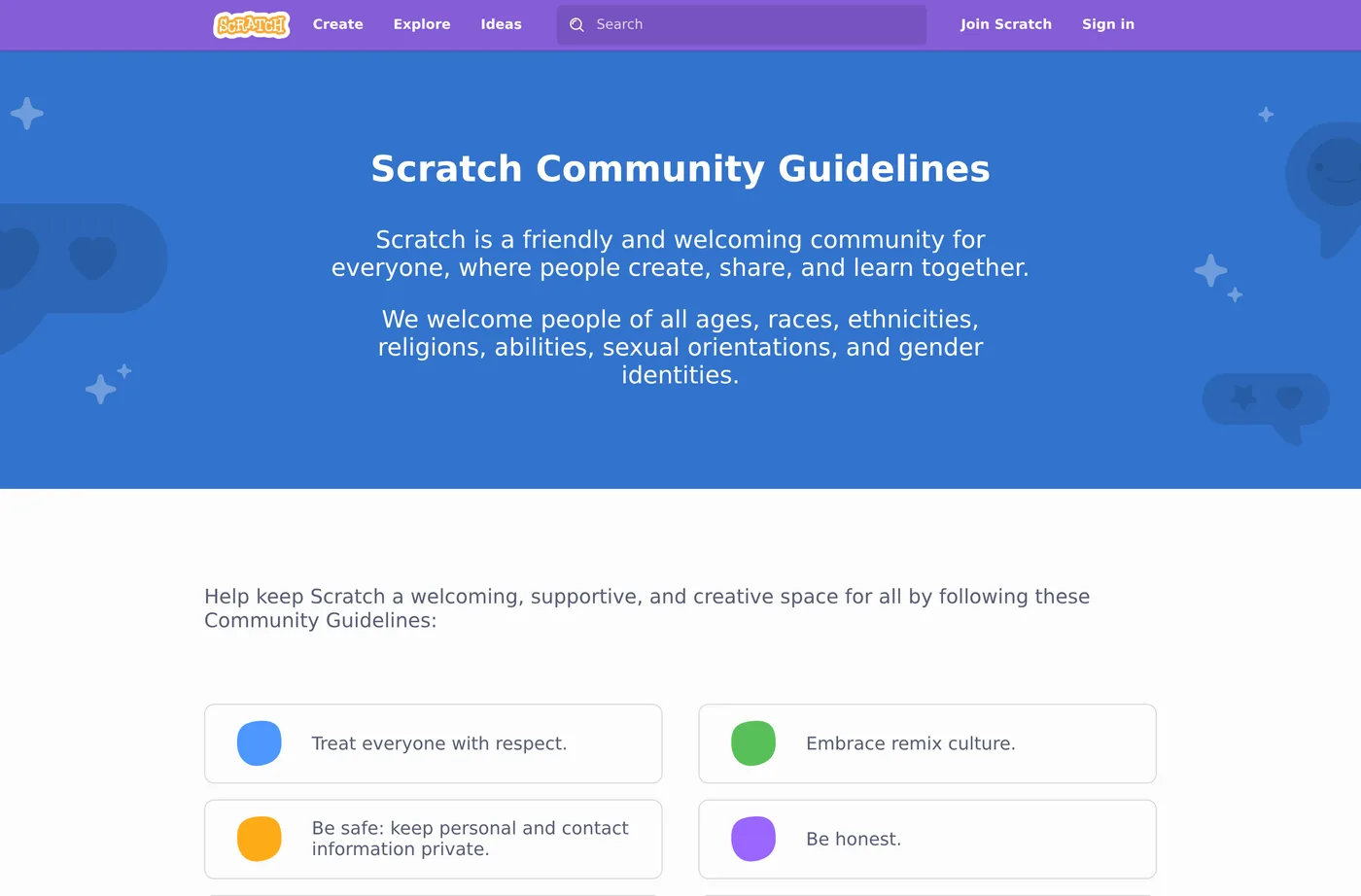 The Scratch Community Guidelines page, listing expectations like being respectful, being constructive, and keeping personal info private.