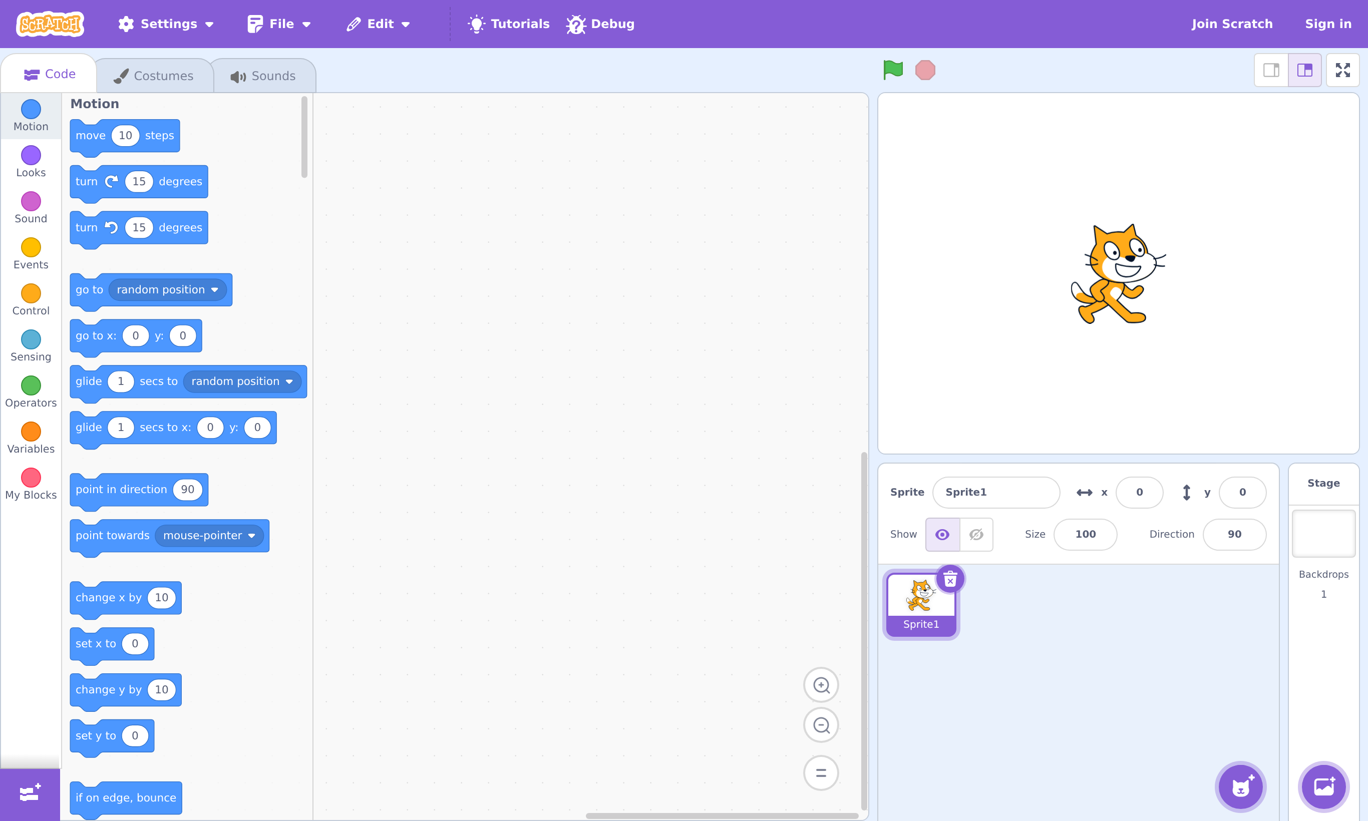 The Scratch project editor. On the left is a palette of colorful command blocks under categories like Motion and Looks. The middle is an empty coding area. On the right is the stage showing the orange Scratch cat, with sprite settings below.