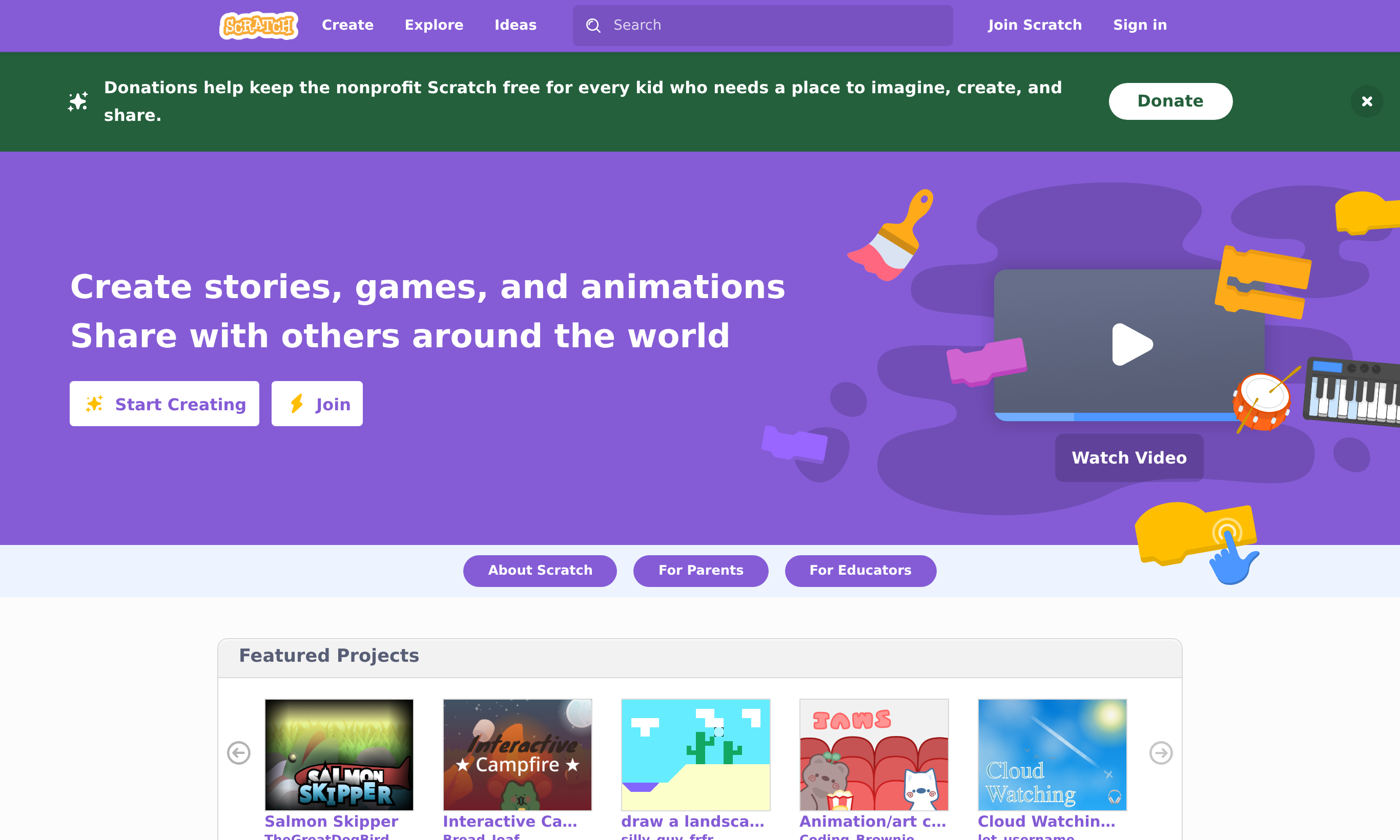 The Scratch website homepage at scratch.mit.edu, showing the slogan 'Create stories, games, and animations' with Start Creating and Join buttons and a row of featured community projects.