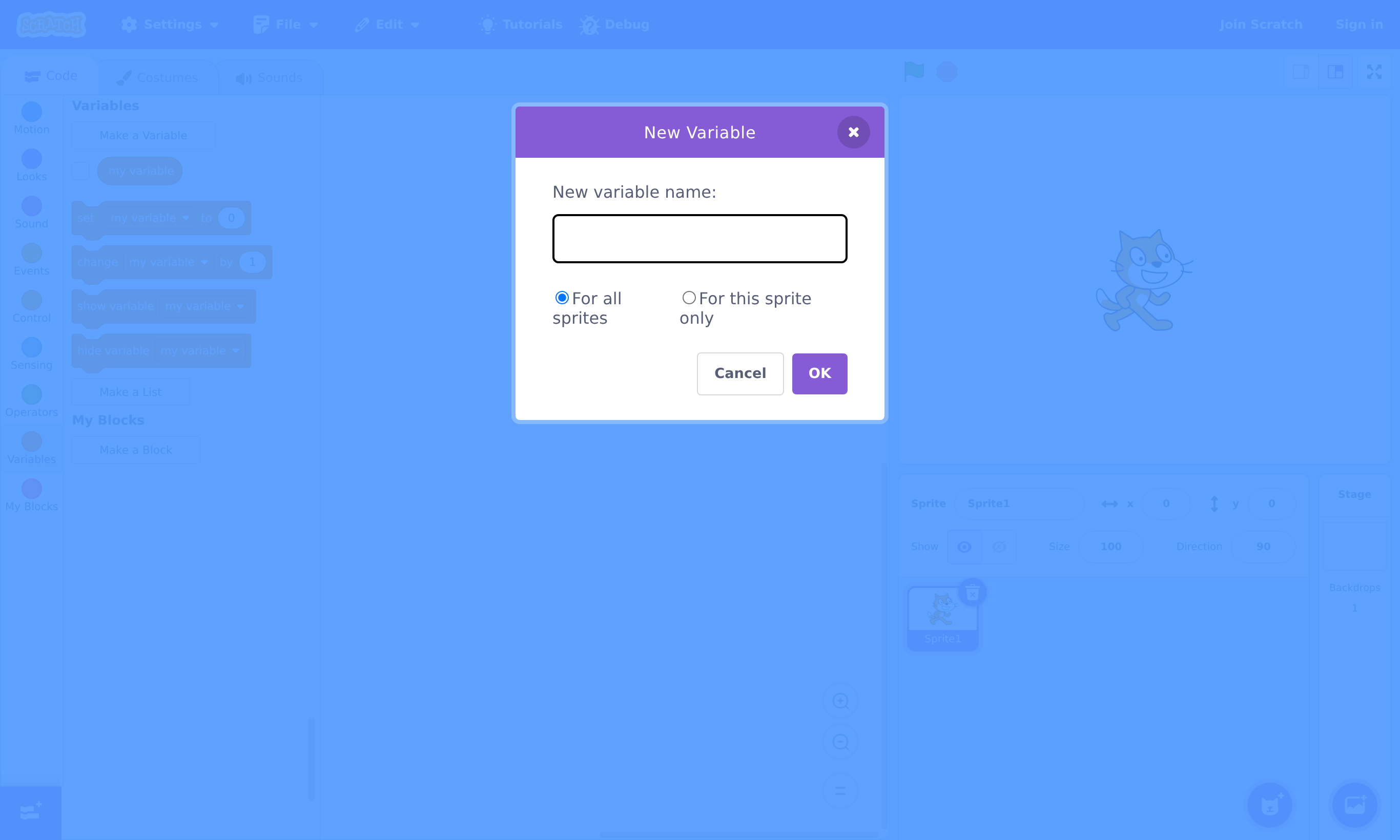 The 'New Variable' dialog box in Scratch, with a name field, options for 'For all sprites' or 'For this sprite only', and Cancel/OK buttons. Behind it, the Variables palette shows blocks like 'set my variable to 0' and 'change my variable by 1'.