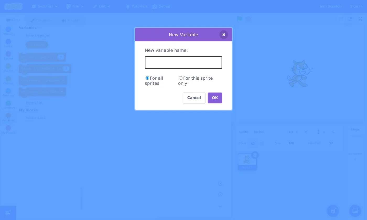 The 'New Variable' dialog box in Scratch, with a name field, options for 'For all sprites' or 'For this sprite only', and Cancel/OK buttons. Behind it, the Variables palette shows blocks like 'set my variable to 0' and 'change my variable by 1'.