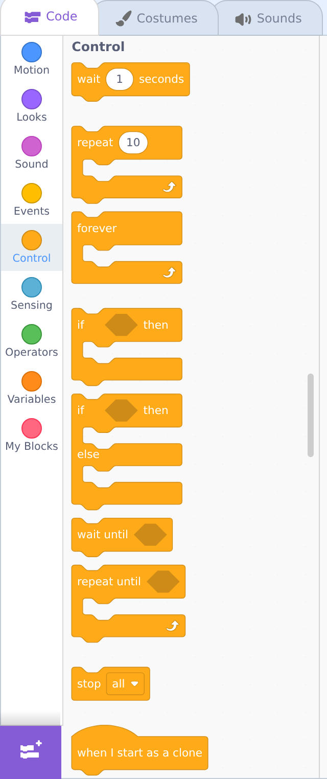 The Control category palette showing blocks including 'wait 1 seconds', 'repeat 10', 'forever', 'if then', and 'if then else'.