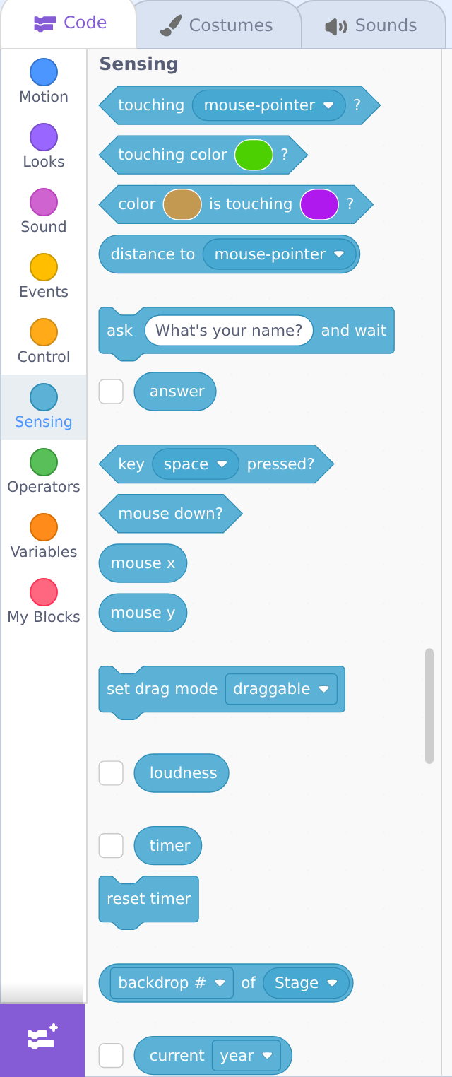 The Sensing category palette showing hexagon question blocks like 'touching mouse-pointer?', 'touching color?', 'key pressed?', and reporter blocks like 'mouse x', 'mouse y', and 'timer'.