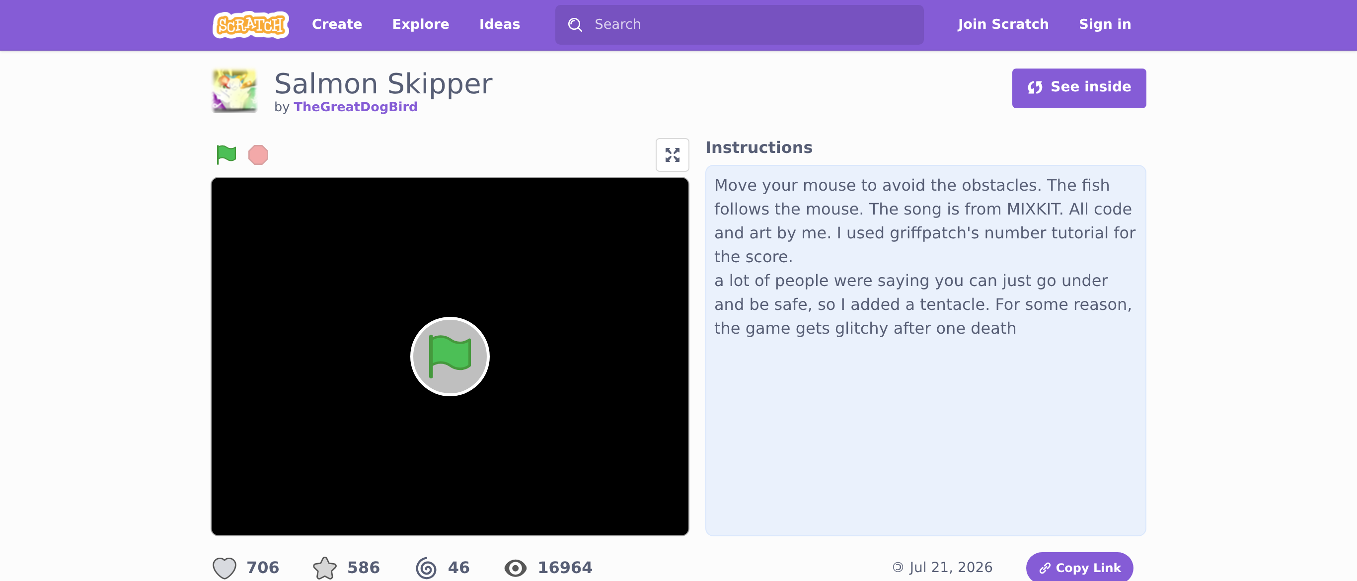 A shared Scratch project page showing the project player with a green flag, an Instructions panel, love/favorite/remix/view counts, a 'See Inside' button at the top right, and a Copy Link button.