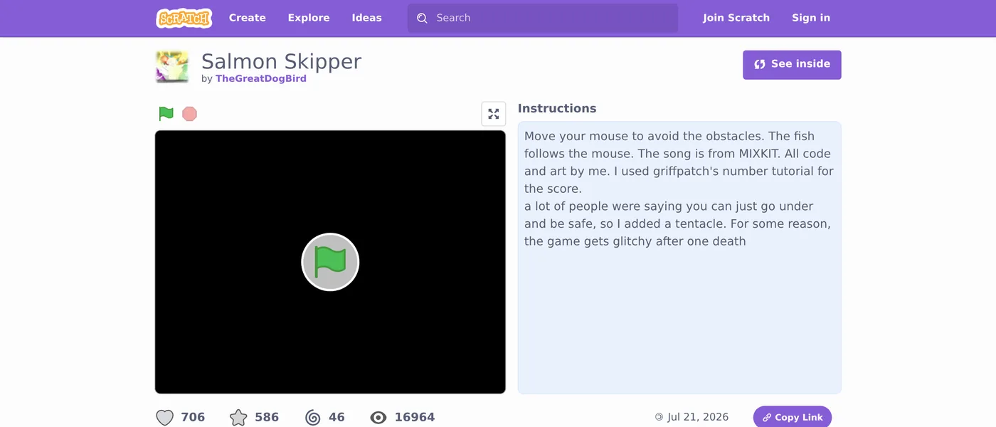 A shared Scratch project page showing the project player with a green flag, an Instructions panel, love/favorite/remix/view counts, a 'See Inside' button at the top right, and a Copy Link button.