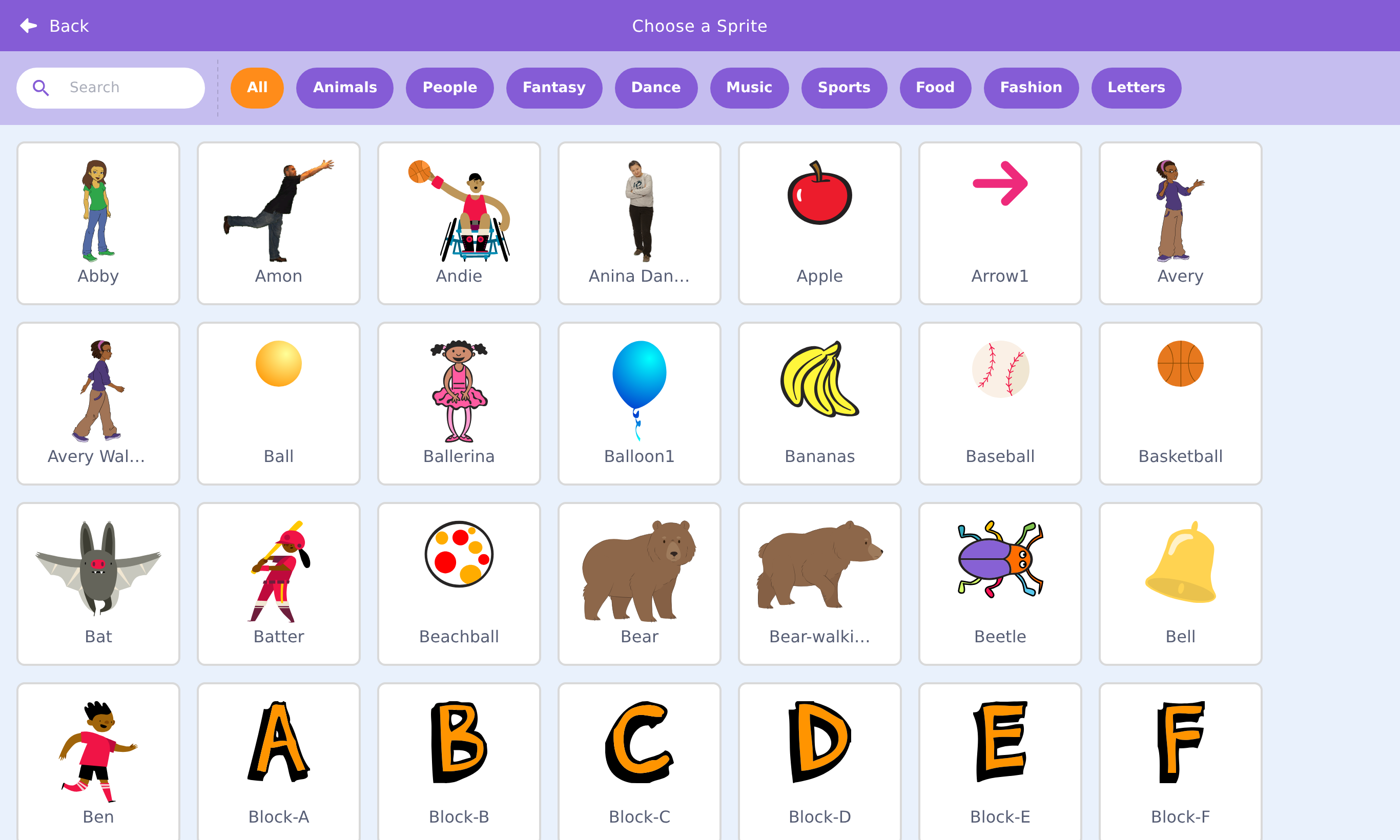 The Choose a Sprite library, a grid of characters with category filters like Animals, People, Fantasy, Dance, and a search box.