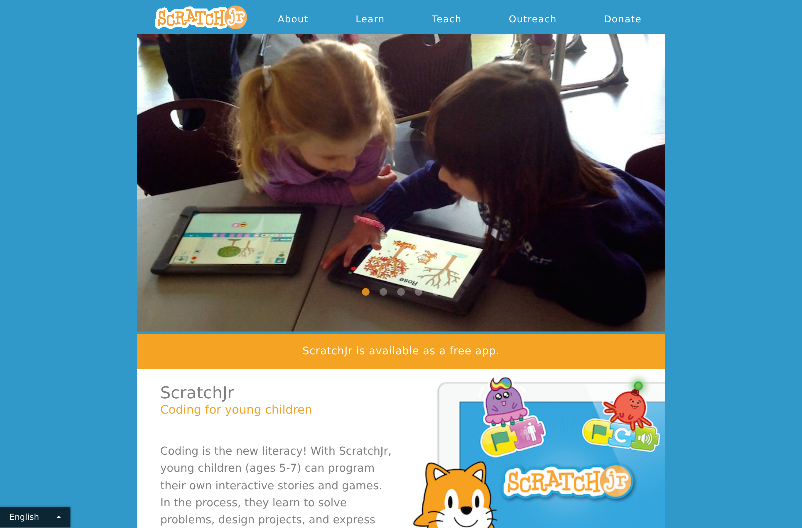 The ScratchJr website homepage, describing a free introductory programming app for young children ages 5 to 7.